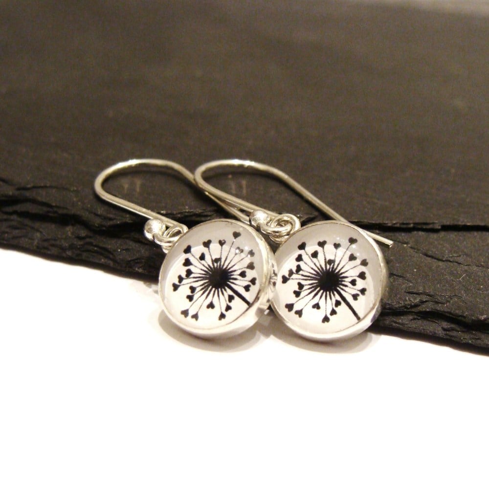 Sterling Silver Love Heart Dandelion Illustration Charm Earrings