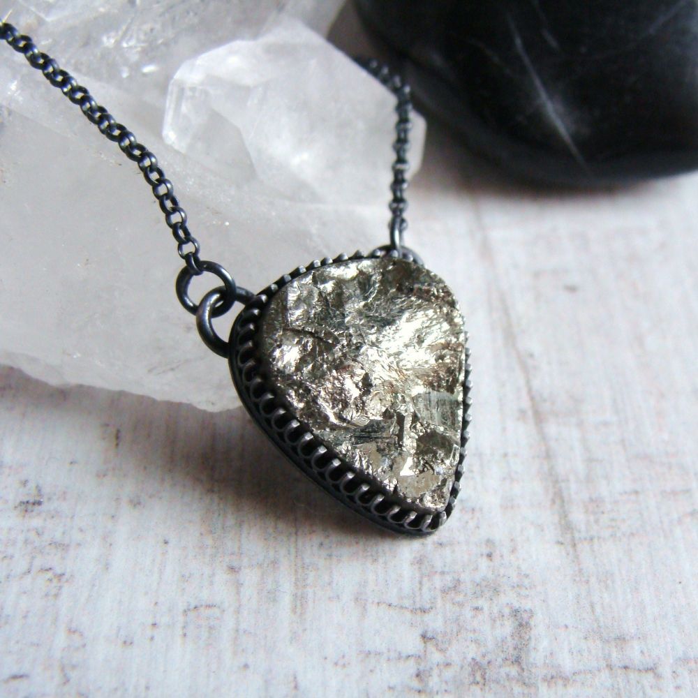 Raw Pyrite Inverted Teardrop Pendant Necklace in Oxidised Sterling Silver