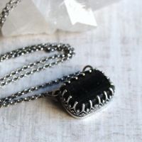 Rectangular Black Raw Tourmaline Necklace in Sterling Silver