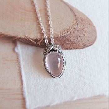 Rose Quartz Teardrop Pendant Necklace with Sterling Silver Leaves No.1