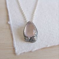 Rose Quartz Teardrop Pendant Necklace with Sterling Silver Leaves No.2