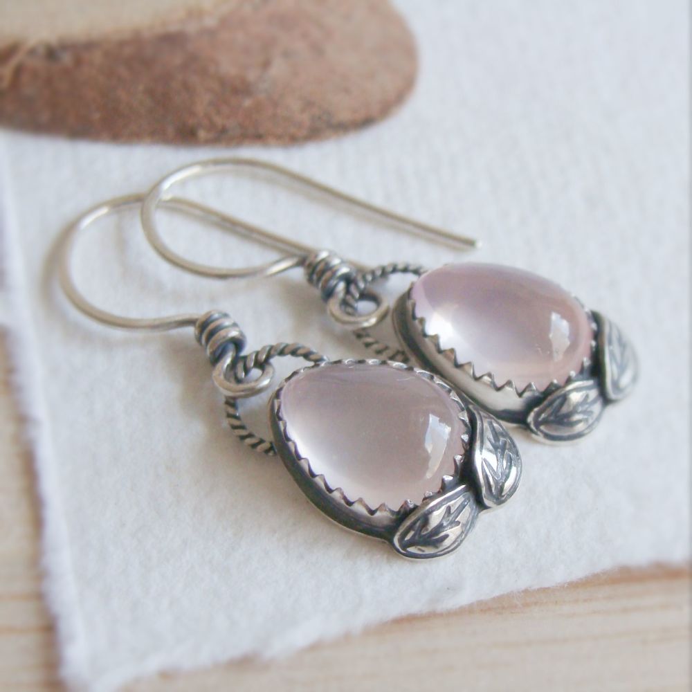 Sterling Silver Rose Quartz Teardrop Earrings with Silver Leaves