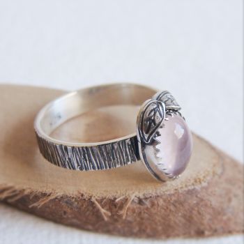 Sterling Silver Woodland Ring with Rose Quartz Teardrop & Silver Leaves (Size N 1/4)