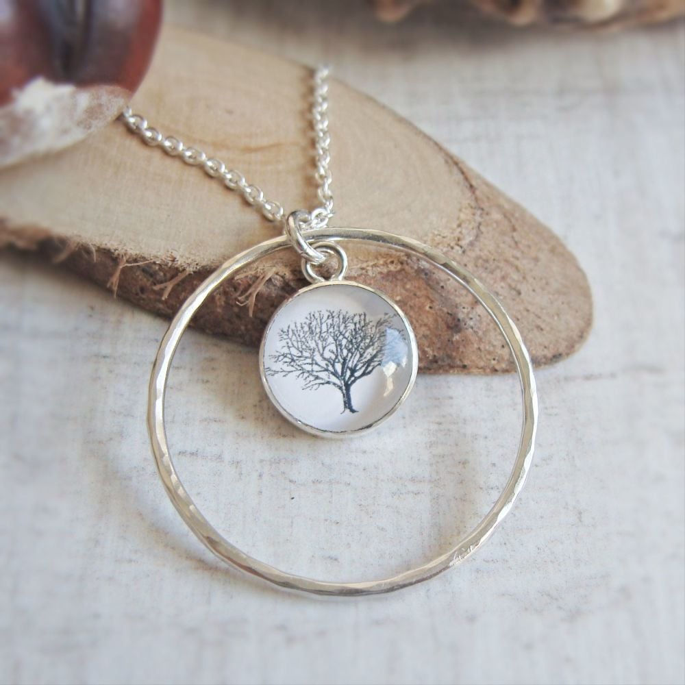 Sterling Silver Woodland Tree Charm with Hammered Circle Frame Pendant Neck