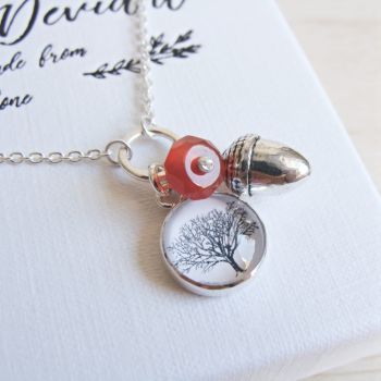 Sterling Silver Tree Illustration & Acorn Charm Necklace with Carnelian