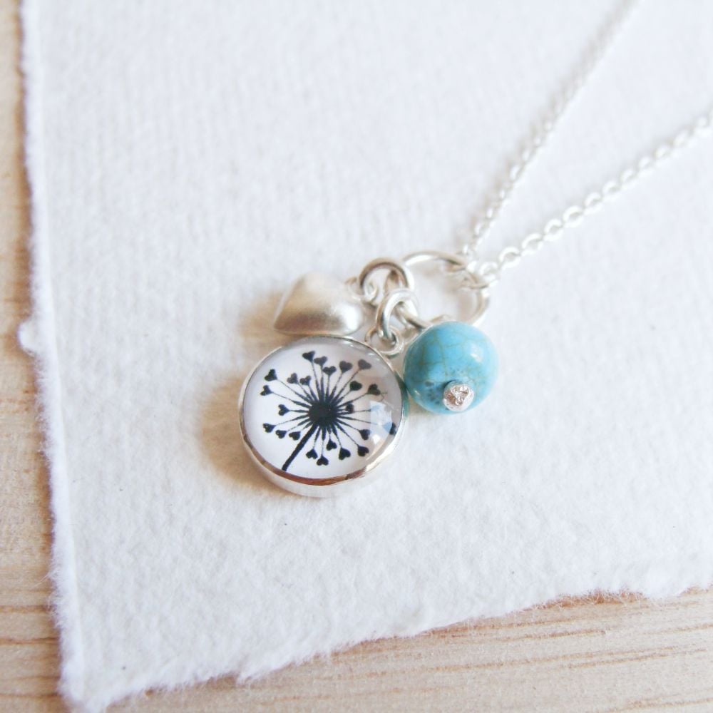 Sterling Silver Cluster Necklace with Dandelion Illustration, Heart Charm a