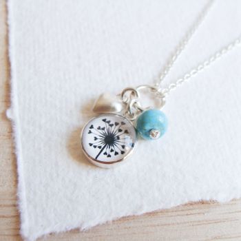 Sterling Silver Cluster Necklace with Dandelion Illustration, Heart Charm and Turquoise Gemstone Bead