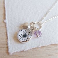 Sterling Silver Cluster Necklace with Dandelion Illustration, Heart Charm and Amethyst Bead