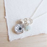 Sterling Silver Cluster Necklace with Dandelion Illustration, Heart Charm and Amazonite Bead