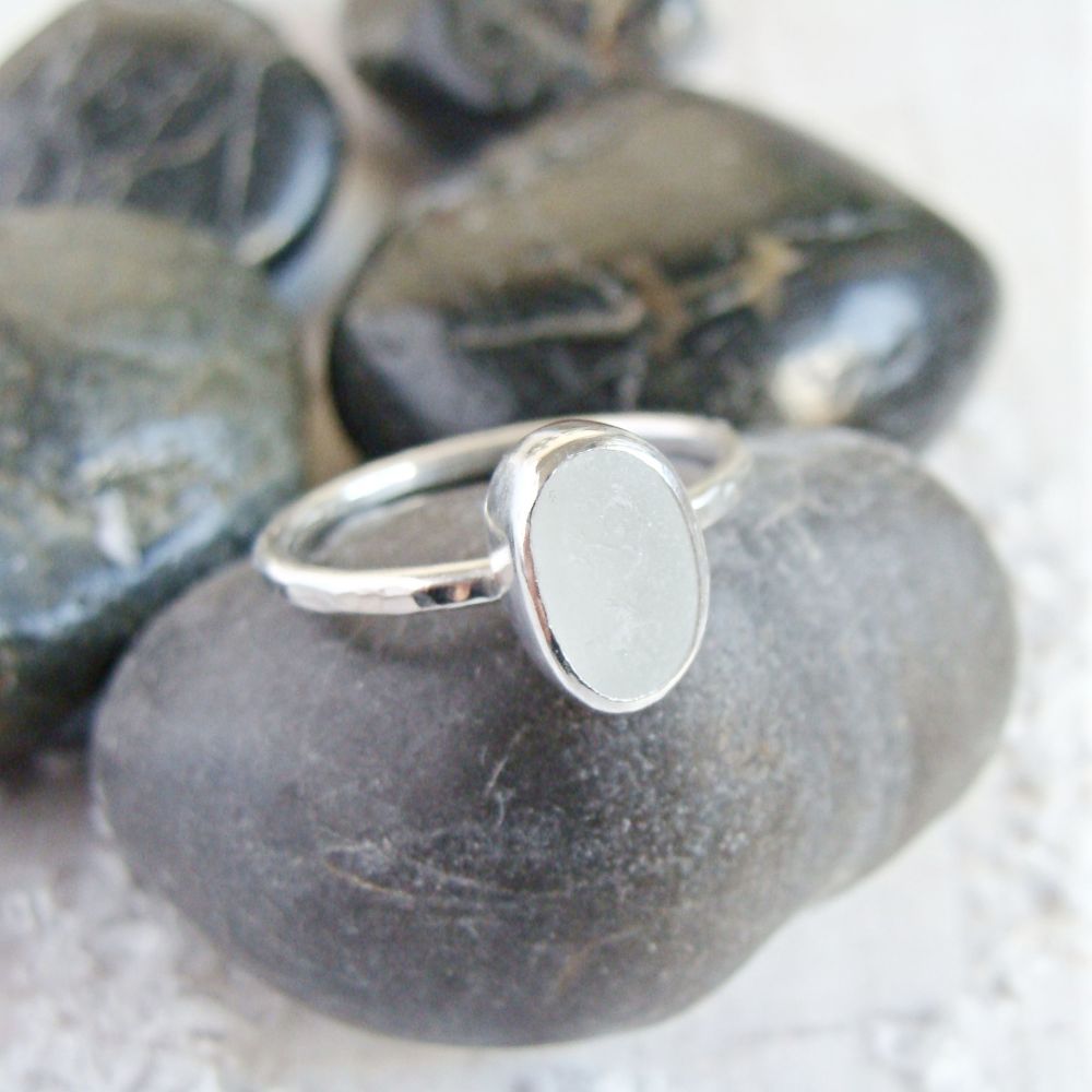 Sterling Silver Frosted Clear Sea Glass Stacking Ring