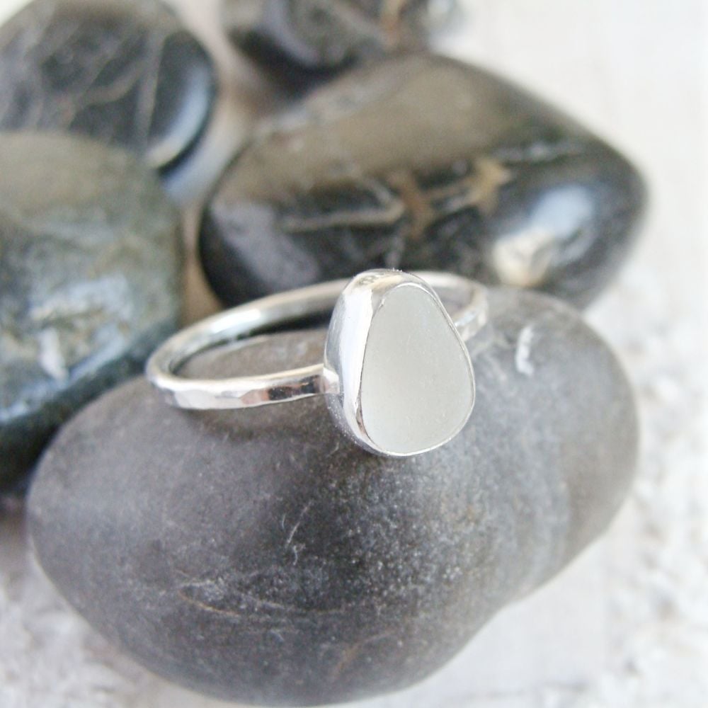 Sterling Silver Frosted Clear Sea Glass Stacking Ring No.2