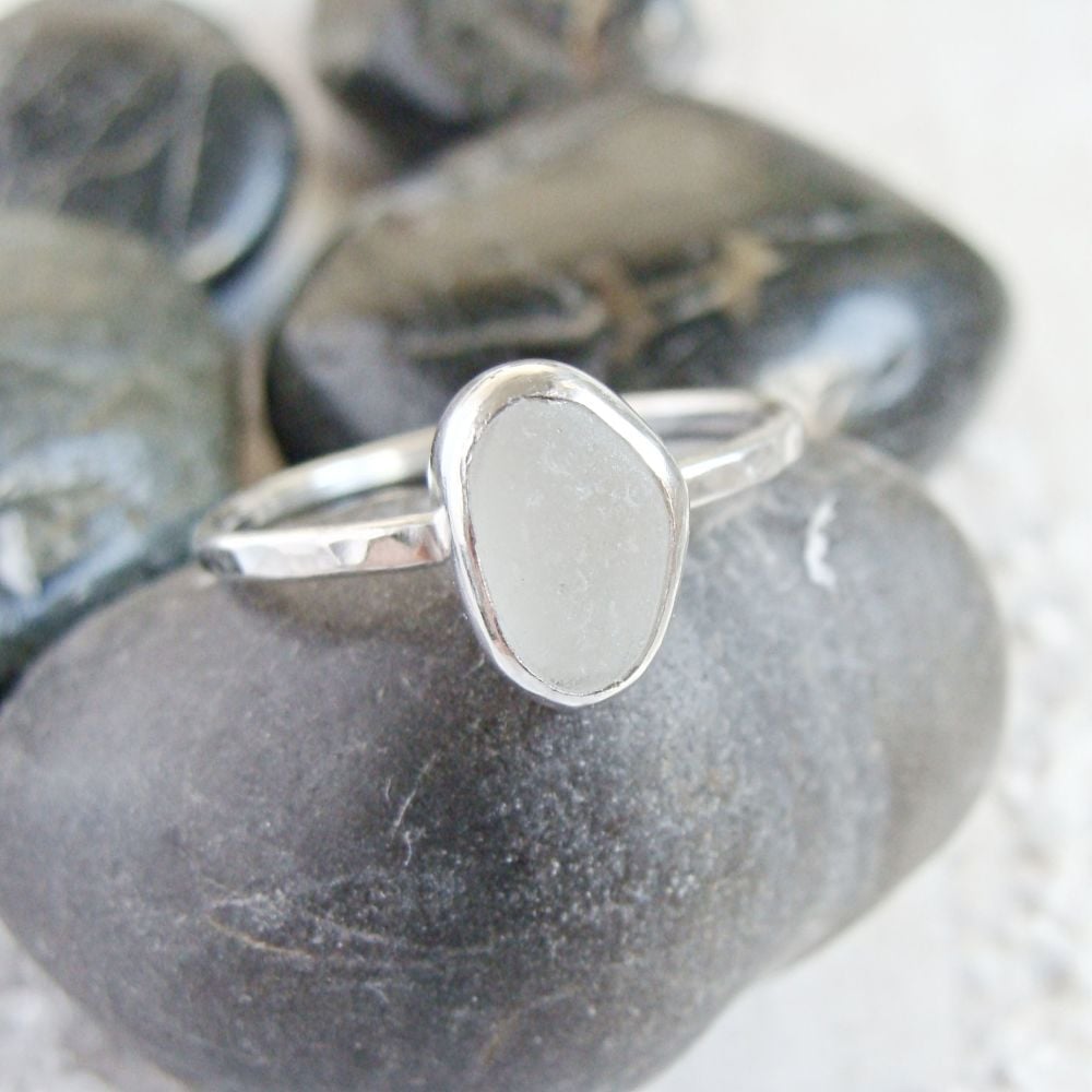 Sterling Silver Frosted Clear Sea Glass Stacking Ring No.3