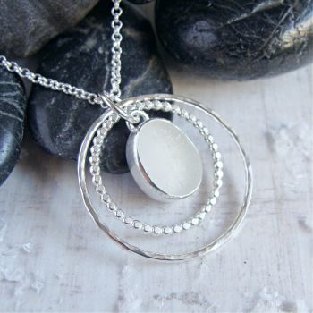 Sterling Silver Frosted Clear Sea Glass Circles Pendant Necklace