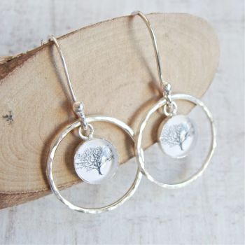 Sterling Silver Tree Charm Circle Framed Dangly Earrings