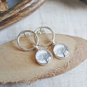 Sterling Silver Circle Studs with Tree Charm Dangles