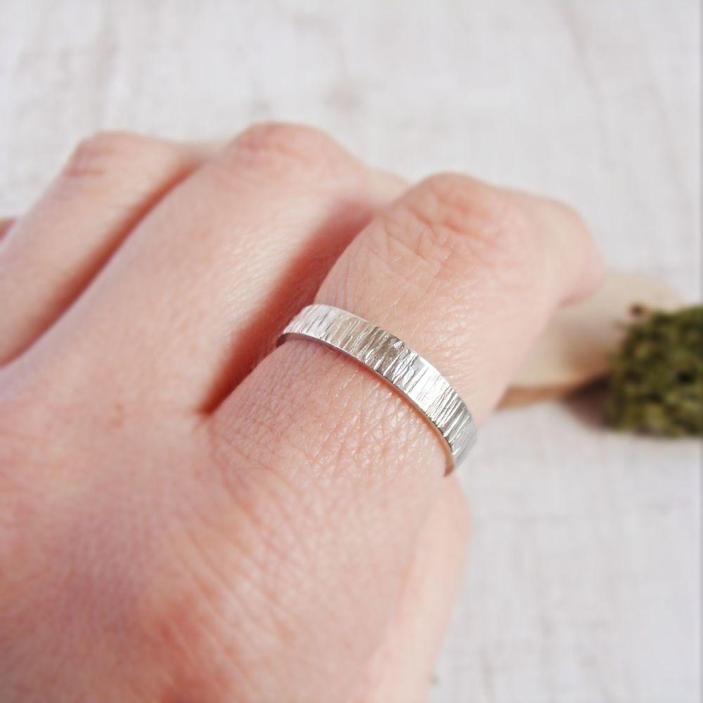 Shiny Sterling Silver Bark Textured Stacking Band Ring 