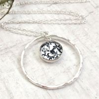 Sterling Silver Floral Black & White Art Charm with Hammered Circle Frame