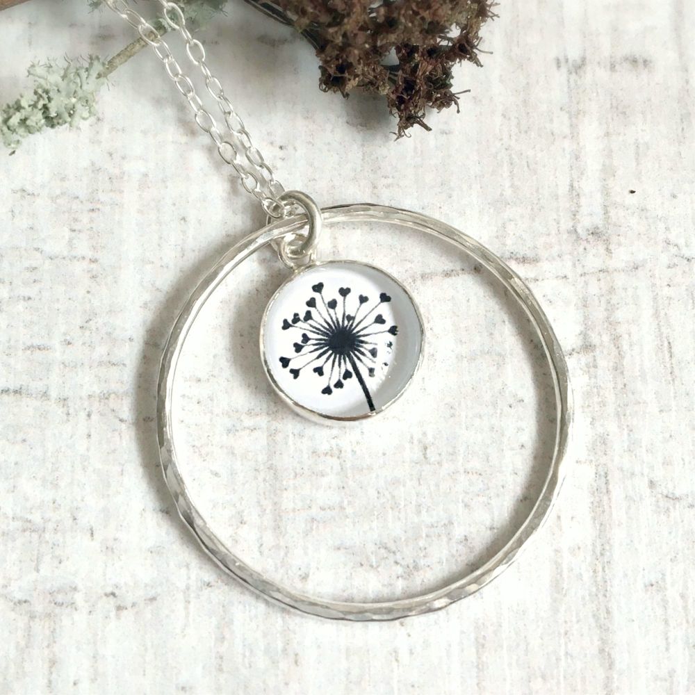Sterling Silver Love Heart Dandelion Illustration Charm with Hammered Circl