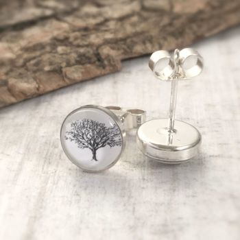 Sterling Silver Woodland Oak Tree Art Stud Earrings