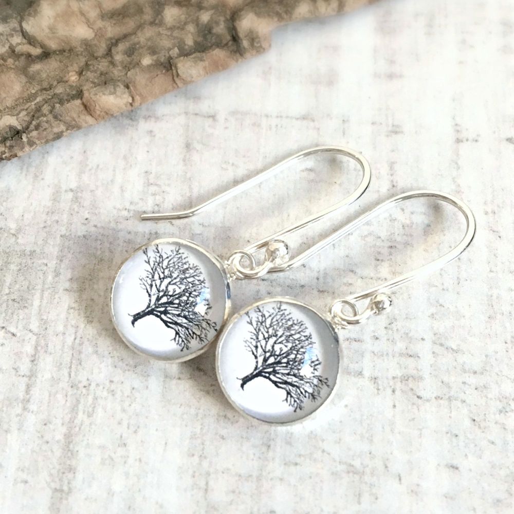 Sterling Silver Woodland Oak Tree Illustration Charm Earrings