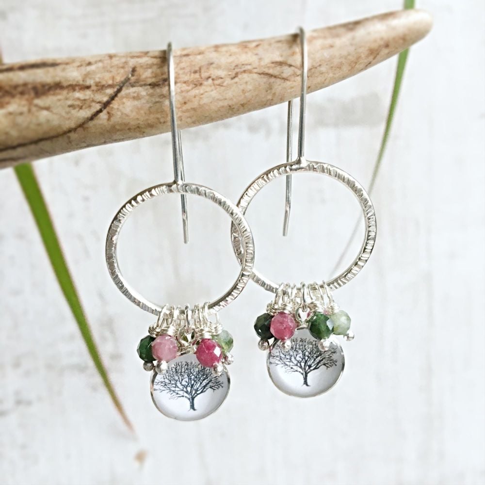 Sterling Silver Bark Texture Hoop Earrings with Tree Charm and Faceted Tour