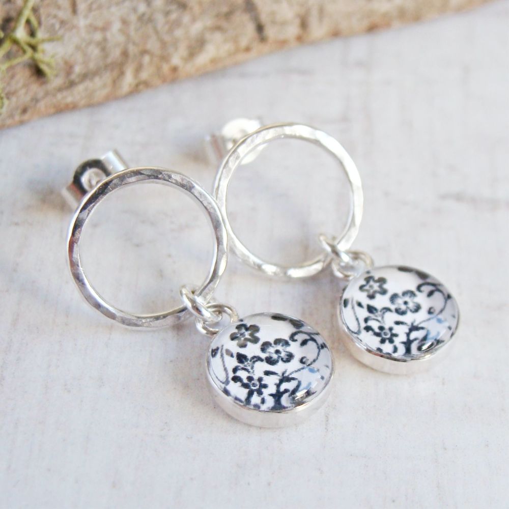 Sterling Silver Circle Studs with Floral Illustration Charm Dangles