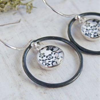 Oxidised Sterling Silver Floral Illustration Charm Circle Framed Dangly Earrings
