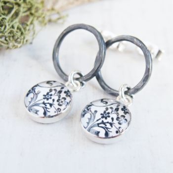 Oxidised Sterling Silver Circle Studs with Floral Illustration Charm Dangles