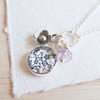 Sterling Silver Floral Charm Cluster Necklace with Tiny Flower Charm and Amethyst