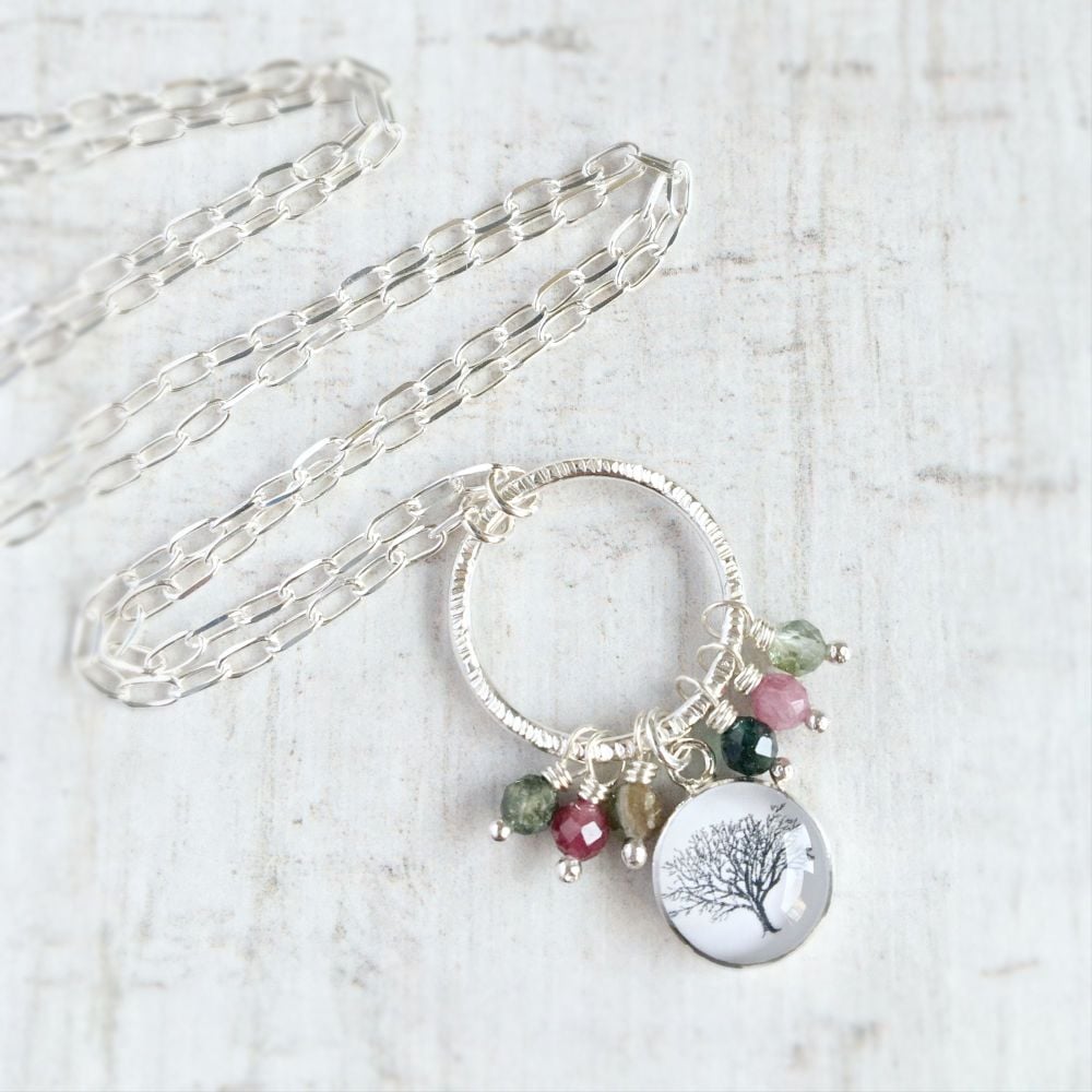Sterling Silver Hoop Necklace with Faceted Tourmalines and Woodland Tree Ch