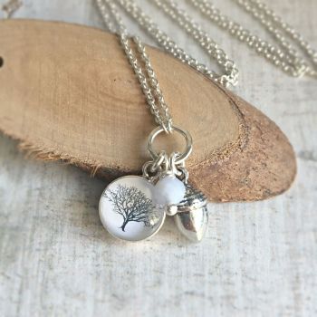 For Pete - Sterling Silver Tree Illustration & Acorn Charm Necklace with Pale Blue Lace Agate