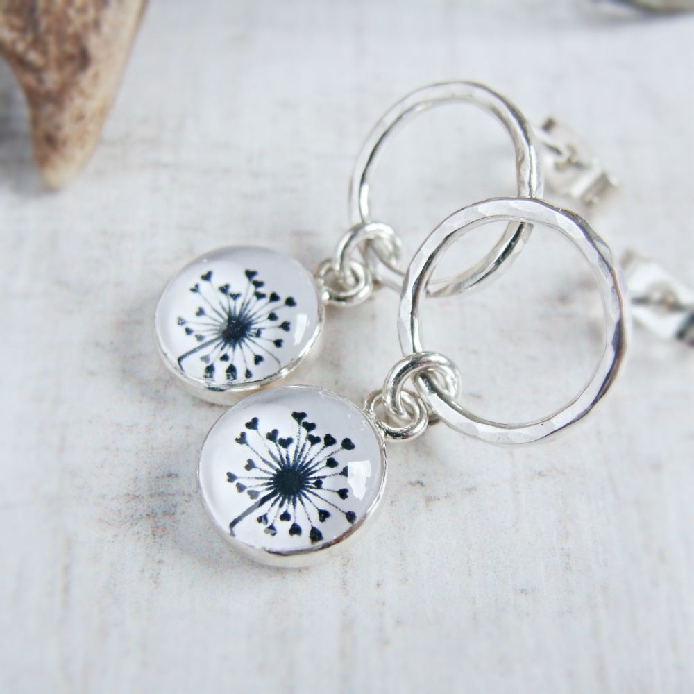 Sterling Silver Circle Studs with Dandelion Illustration Charm Dangles