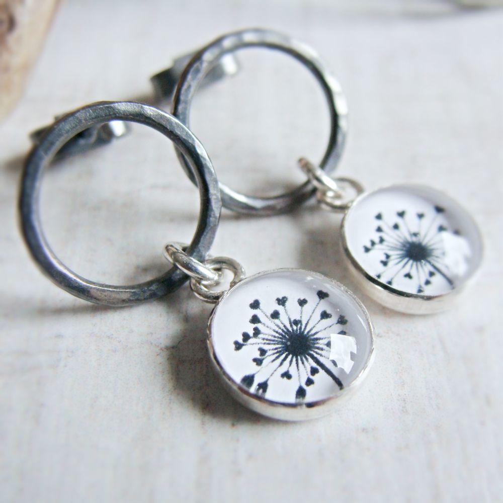 Oxidised Sterling Silver Circle Studs with Dandelion Charm Dangles
