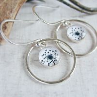 Sterling Silver Dandelion Illustration Charm Circle Framed Dangly Earrings