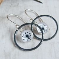 Oxidised Sterling Silver Dandelion Illustration Charm Circle Framed Dangly Earrings