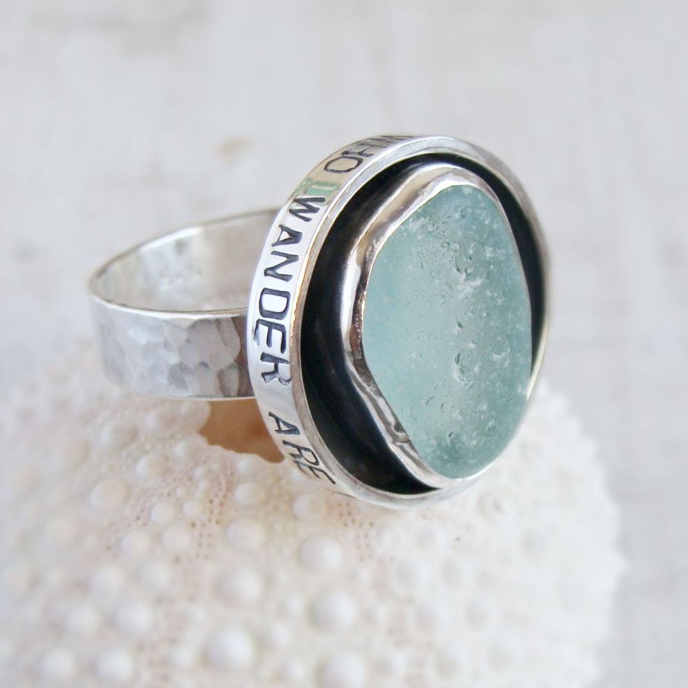 Sterling Silver Sea Glass Shadowbox 'Not All Who Wander Are Lost' Ring