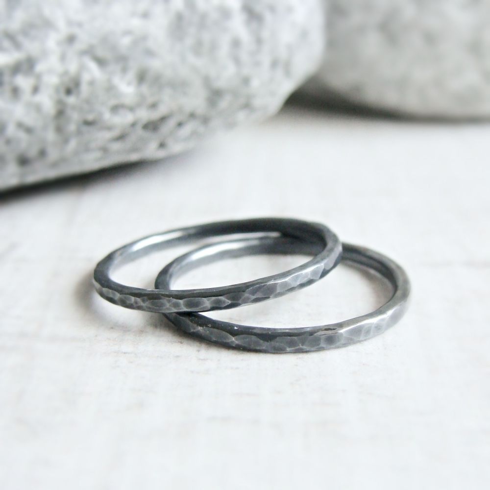 Set of 2 Oxidised Sterling Silver Hammered Skinny Stacking Ring Bands