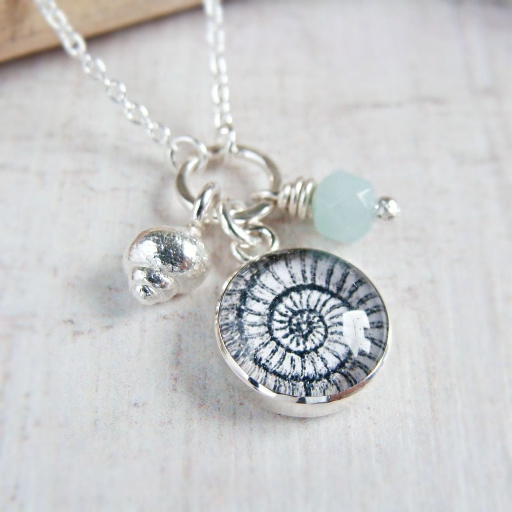 Sterling Silver Ammonite Illustration Charm Necklace with Tiny Silver Shell