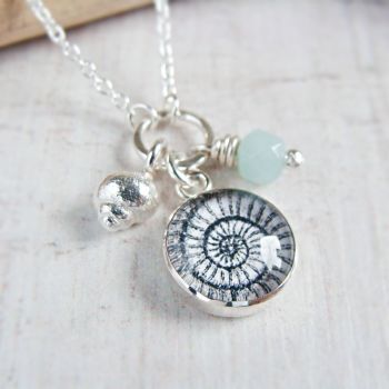 Sterling Silver Ammonite Illustration Charm Necklace with Tiny Silver Shell & Amazonite
