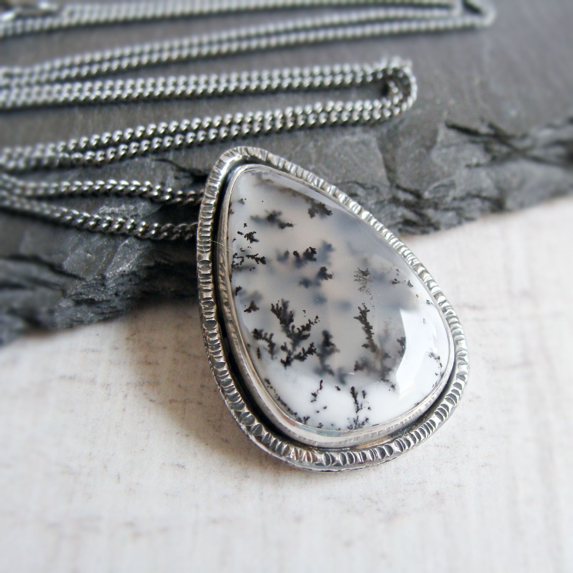 Dendritic agate cabochon sterling silver pendant