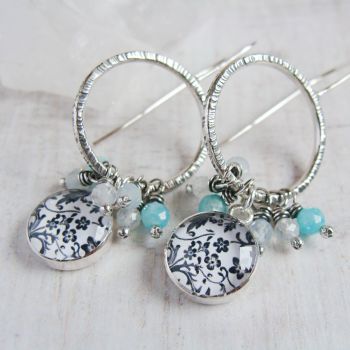 Hammered Sterling Silver Hoop Earrings with Floral Illustration Charms and Faceted Gemstones