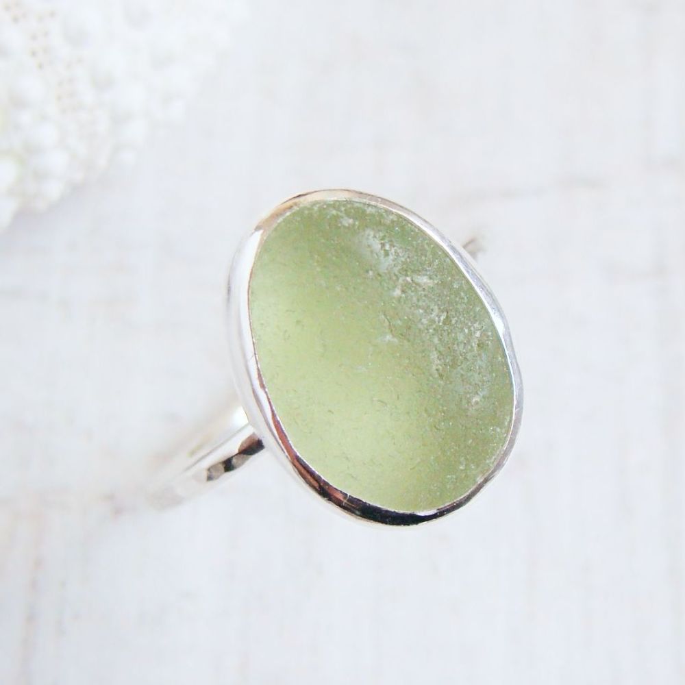 Sterling Silver Pale Green Seaham Sea Glass Stacking Ring No.6 (Size P)