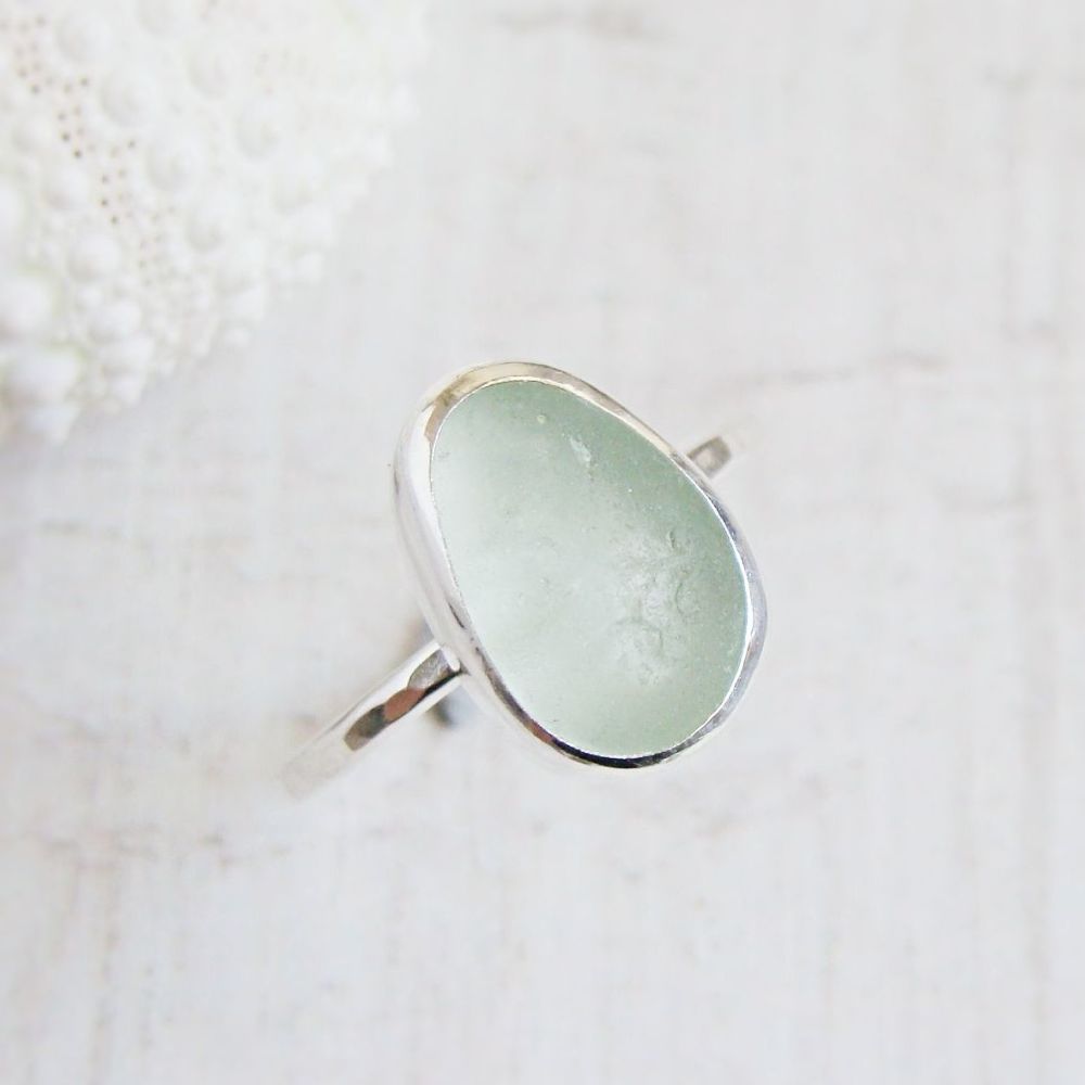 Sterling Silver Pale Aqua Blue Seaham Sea Glass Stacking Ring No.1 (Size M 