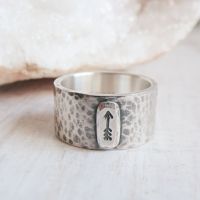 Chunky Hammered Wide Sterling Silver Band with Stamped Arrow Detail