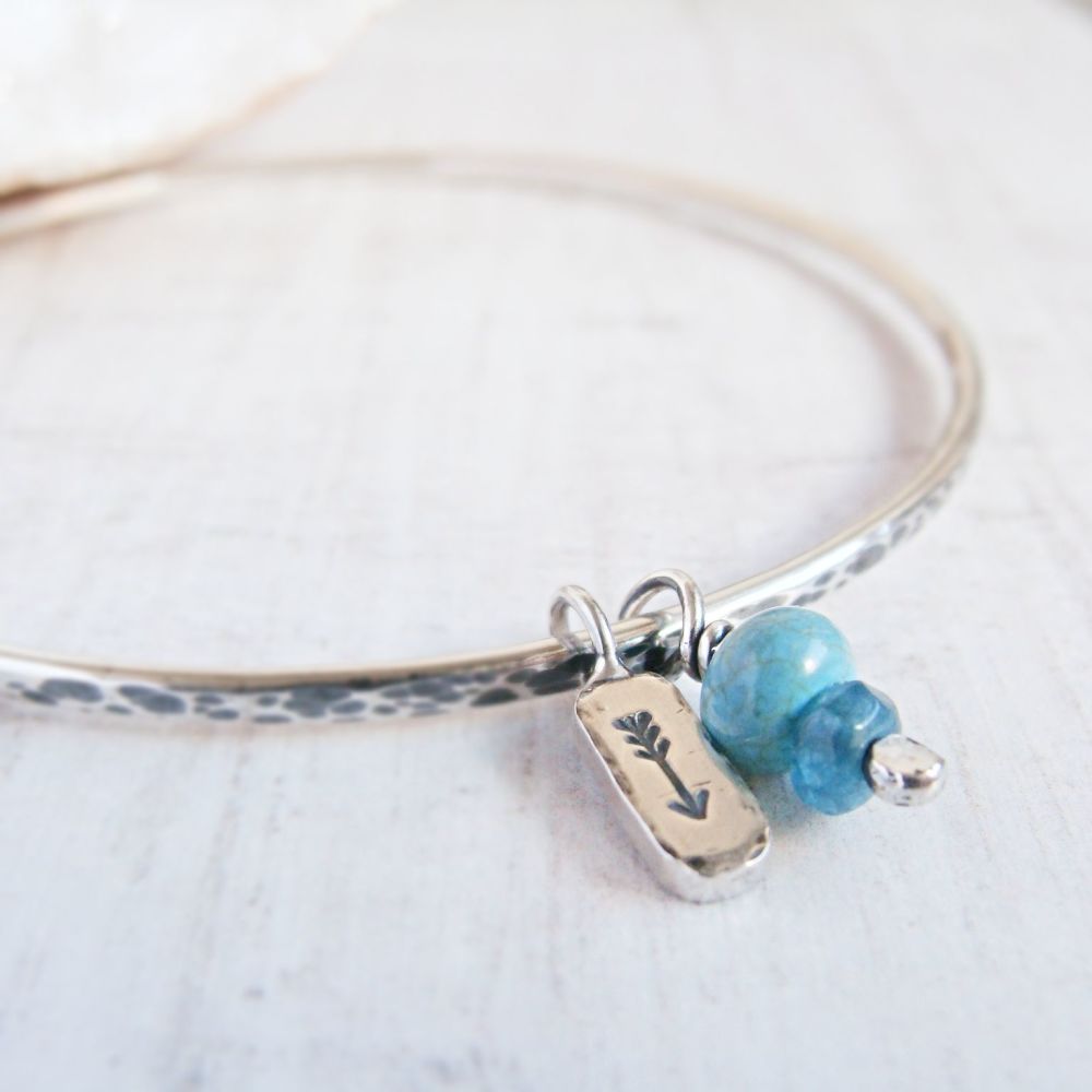 Hammered Sterling Silver Bangle with Arrow Charm, Turquoise & Apatite Gemst