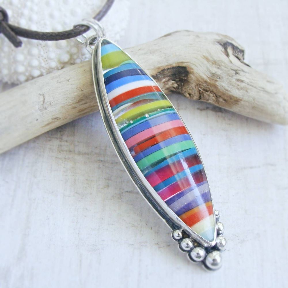 Cornish Surfite & Recycled Sterling Silver Large Surfboard Shaped Pendant N