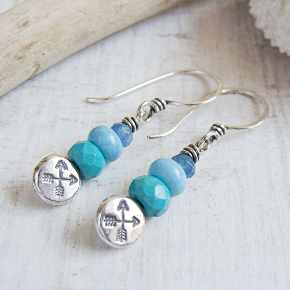 Recycled Sterling Silver Stamped Crossed Arrow Pebble Earrings with Turquoi