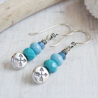 Recycled Sterling Silver Stamped Crossed Arrow Pebble Earrings with Turquoise & Kyanite