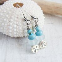 Recycled Sterling Silver Stamped Crossed Arrow Pebble Earrings with Turquoise & Frosted Glass