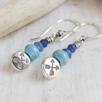 Recycled Sterling Silver Stamped Crossed Arrow Pebble Earrings with Turquoise, Kyanite & Lapis Lazuli